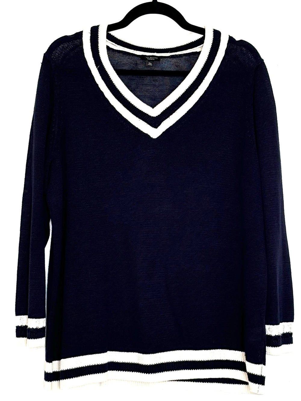 Talbots Linen V-Neck Varsity Sweater Navy Size 1XP 100% Linen - Picture 2 of 5
